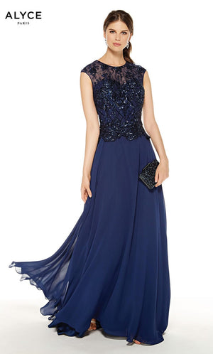 ALYCE Paris 27326 Navy Blue Modest A-Line Chiffon Dress Alyce Paris 