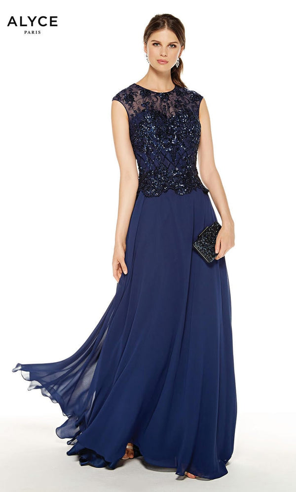ALYCE Paris 27326 Navy Blue Modest A-Line Chiffon Dress Alyce Paris 