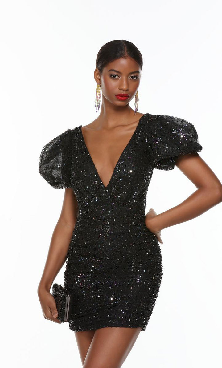 Alyce Paris 4495 Iridescent Black Puff Sleeve Sequin Cocktail Dress