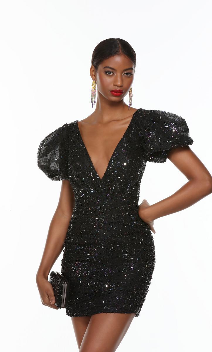 Alyce Paris 4495 Iridescent Black Puff Sleeve Sequin Cocktail Dress –  Formalwear Outlet