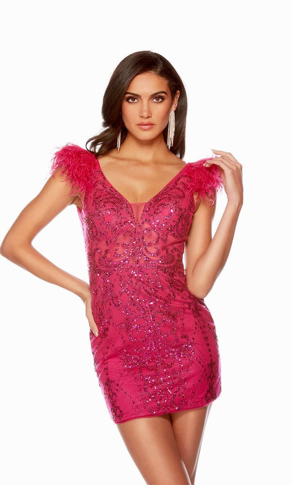 Alyce Paris 4501 Pink Fitted Glitter Tulle Cocktail Dress with Feather Cap Sleeves - Size 0