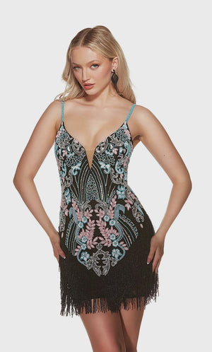 ALYCE Paris 4872 Black Multi Beaded Design Fringe Cocktail Dress Alyce Paris 