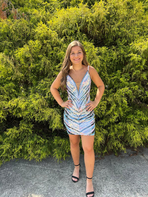ALYCE Paris 4885 Striped Sequin Cocktail Dress ALYCE Paris 
