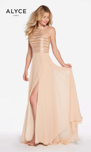 ALYCE  Paris 60146 Light Gold High Neck Chiffon Dress Alyce Paris 