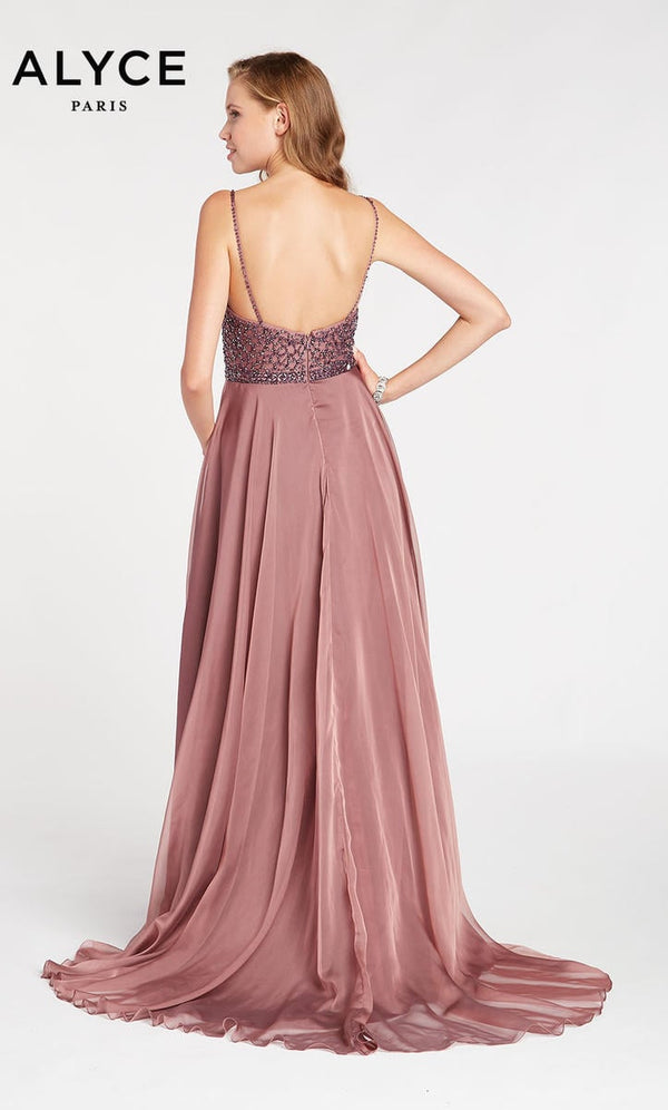 ALYCE Paris 60546 Grey V-Neck Sheer A-Line Dress Alyce Paris 