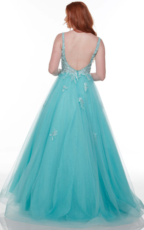 Alyce Paris 61105 Pool Blue Tulle Ballgown with Lace Applique