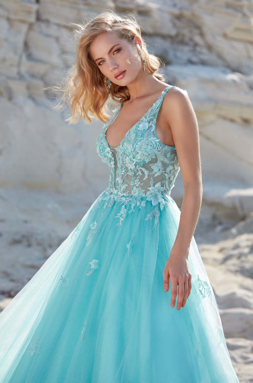 Alyce Paris 61105 Pool Blue Tulle Ballgown with Lace Applique