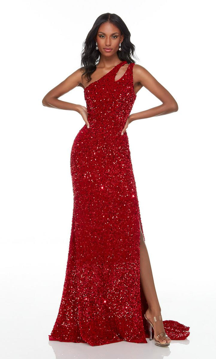 Alyce Paris 61183 Red Asymmetrical One Shoulder Plush Sequin Dress with Slit