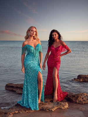 Alyce Paris 61389 Sequin Beaded Fringe Off the Shoulder Dress Alyce Paris 