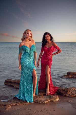 Alyce Paris 61389 Sequin Beaded Fringe Off the Shoulder Dress Alyce Paris 