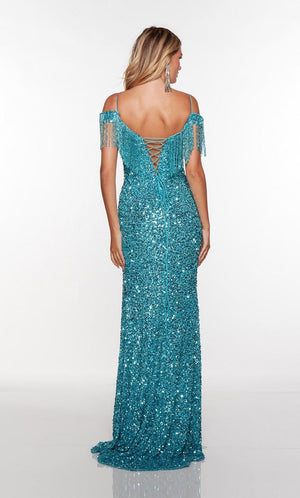 Alyce Paris 61389 Sequin Beaded Fringe Off the Shoulder Dress Alyce Paris 