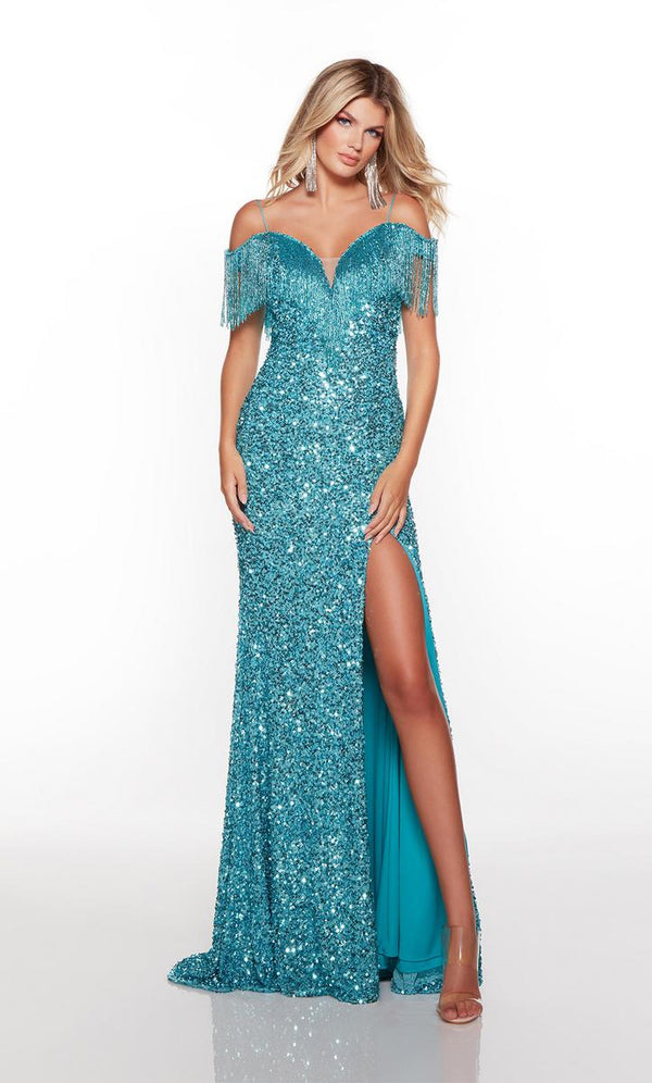 Alyce Paris 61389 Sequin Beaded Fringe Off the Shoulder Dress Alyce Paris 
