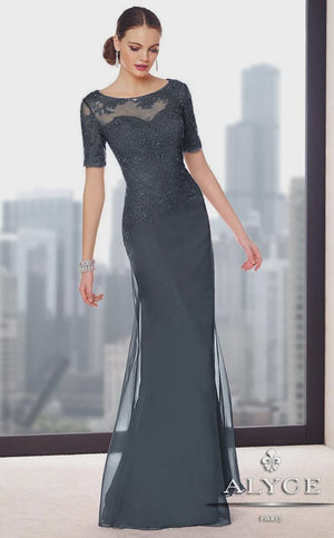 ALYCE Paris 29694 Charcoal Lace Sleeve Chiffon Dress Alyce Paris 