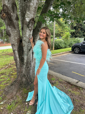 Ava Presley 38841 Aqua One Shoulder Feather Bodice Dress Ava Presley 