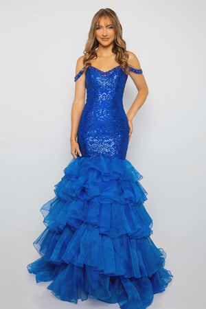 Ava Presley 38915 Royal Off Shoulder Ruffled Mermaid Dress Ava Presley 
