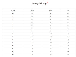Ava Presley Size Chart with US sizes, bust, waist, and hip measurements.