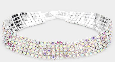 Iridescent Crystal Rhinestone 5 Row Bracelet in Silver