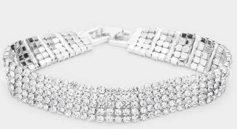 Clear Crystal Rhinestone Silver 5 Row Bracelet