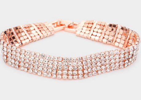 Clear Crystal Rhinestone 6 Row Bracelet in Rosegold