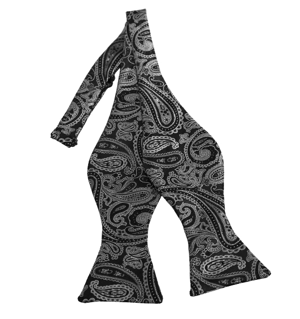 Silver and Black Paisley Self Tie Bow Tie