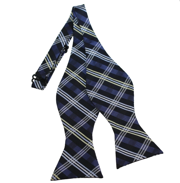 Blue-Grey, Silver and Black Plaid Self Tie Bow Tie