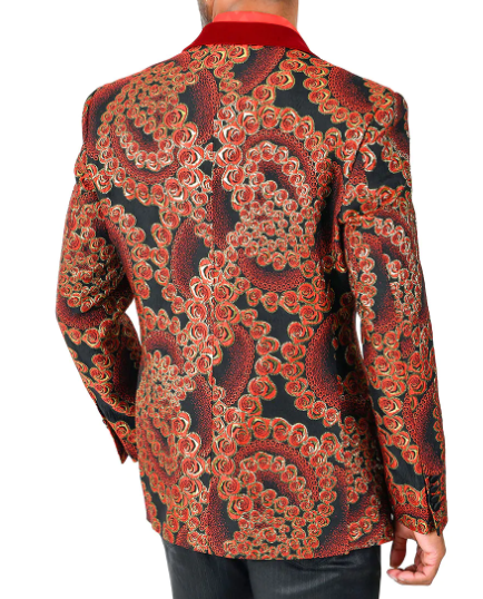 Red & Gold Rose Print Fashion Jacket Back - Barabas 
