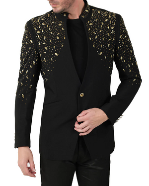 Black & Gold Rhinestone Stand-Up Collar Fashion Jacket Barabas Vassarilos Angelesca 