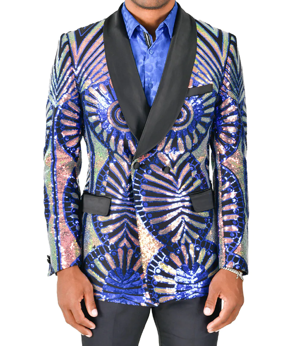 Avant-garde Royal Blue and Iridescent Sequin Design Tuxedo Jacket