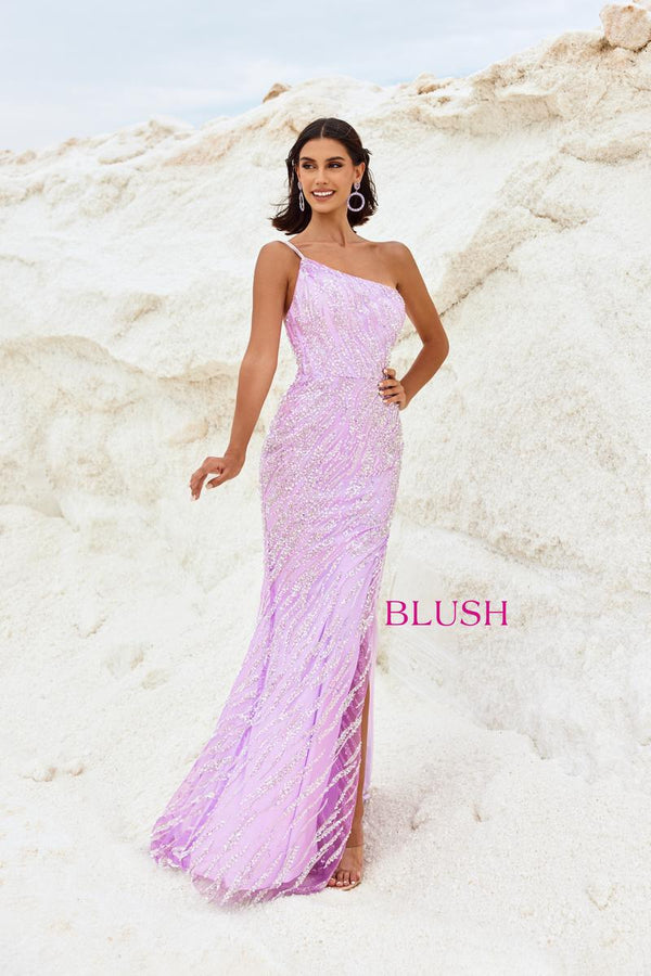 Blush Prom 12121 Lilac Sequin Sheath One Shoulder Dress with Slit