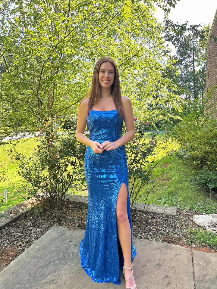 Blush Prom 12124 Fitted Sequin Dress with Strappy Back and Slit - Royal Blue or Yellow