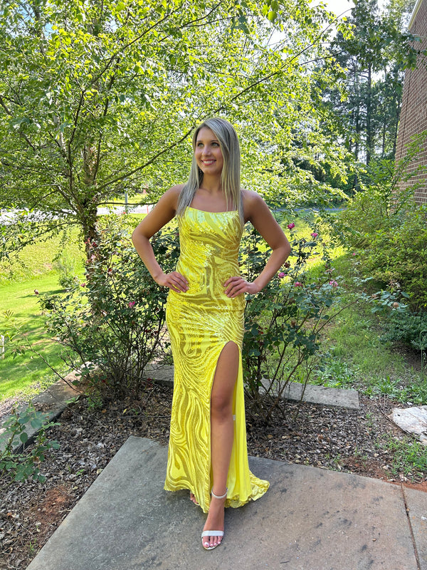 Blush Prom 12124 Fitted Sequin Dress with Strappy Back and Slit - Royal Blue or Yellow