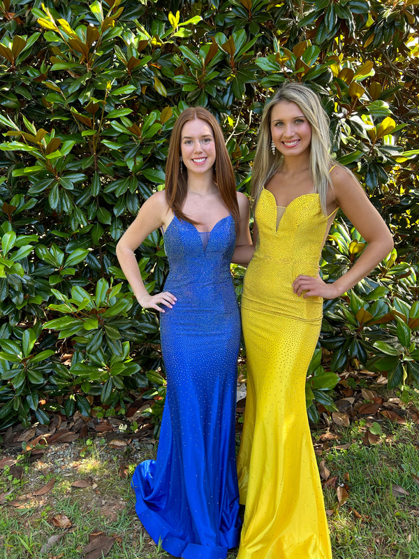 Blush Prom 12136 Bedazzled Fitted Dress with Low Open Back - Sapphire or Yellow