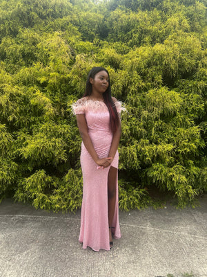 Blush Prom 12170 Feather Off the Shoulder Sequin Dress