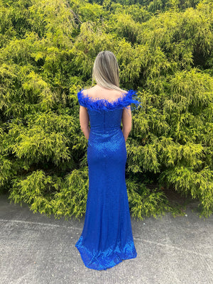 Blush Prom 12170 Feather Off the Shoulder Sequin Dress