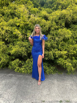 Blush Prom 12170 Feather Off the Shoulder Sequin Dress