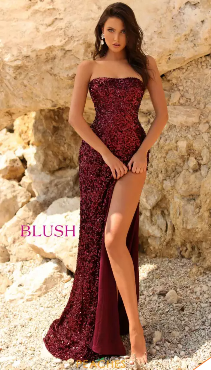 Blush Prom 20538 Ruby Strapless Velvet Sequin Jersey Fit-n-Flare with Dramatic High Side Slit