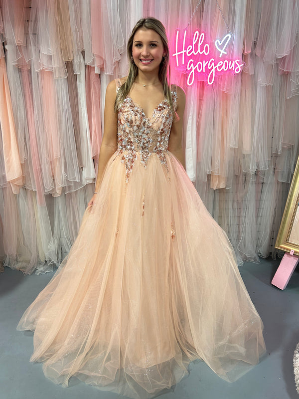 Blush Prom 5879 Light Peach Copper Sequin Applique A-Line Ballgown - Size 12