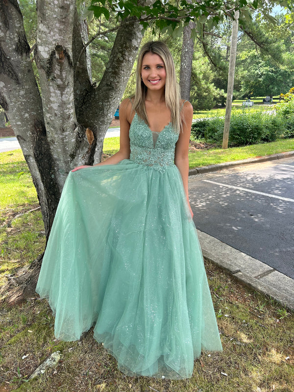 Blush Prom 12150 Fern Green Glitter Tulle A-Line Dress