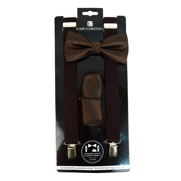 Suspender, Bow Tie & Pocket Square Set - Brown