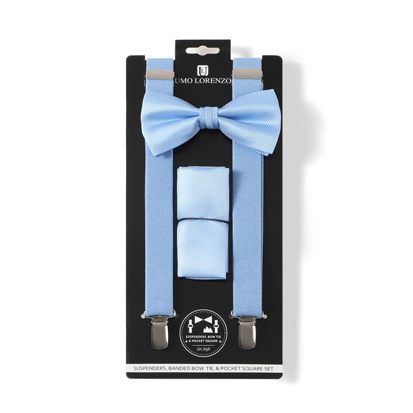 Suspender, Bow Tie & Pocket Square Set - Light Blue