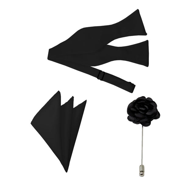 Black Satin Bow Tie, Pocket Square & Lapel Pin Set