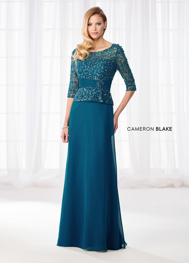 Cameron Blake 114657 Teal Scoop Neck 3/4 Sleeve Chiffon A-Line Dress
