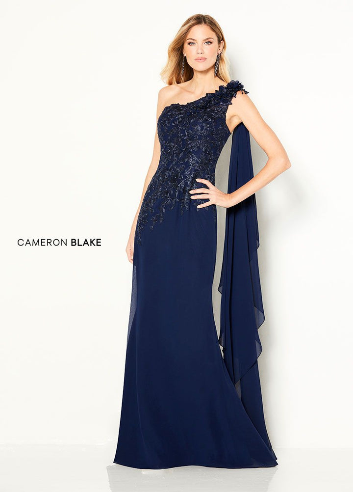 Cameron Blake 219687 Navy Beaded One Shoulder Fitted Chiffon Gown - Size 12