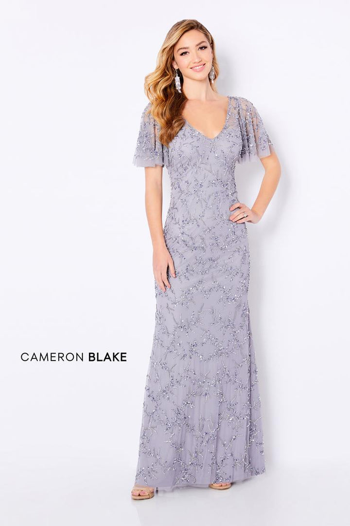 Cameron Blake 221681 Flutter Sleeve Beaded Tulle Evening Dress - Silver or Charcoal