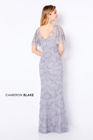 CAMERON BLAKE 221681 Silver Flutter Sleeve Beaded Tulle Evening Dress Cameron Blake 
