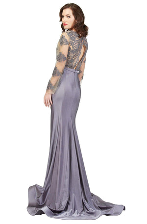 Cecilia Couture 1405 Grey Lace Bodice Long Sleeve Dress Cecilia Couture 