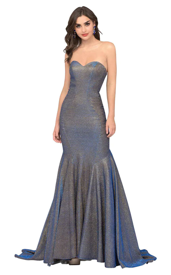 Cecilia Couture 1453 Blue Glitter Multi Fit-n-Flare Dress with Train