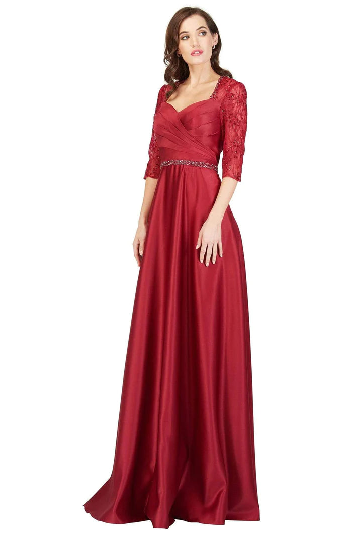 Cecilia Couture 1845 Burgundy Satin A-Line Dress with Lace Sleeves