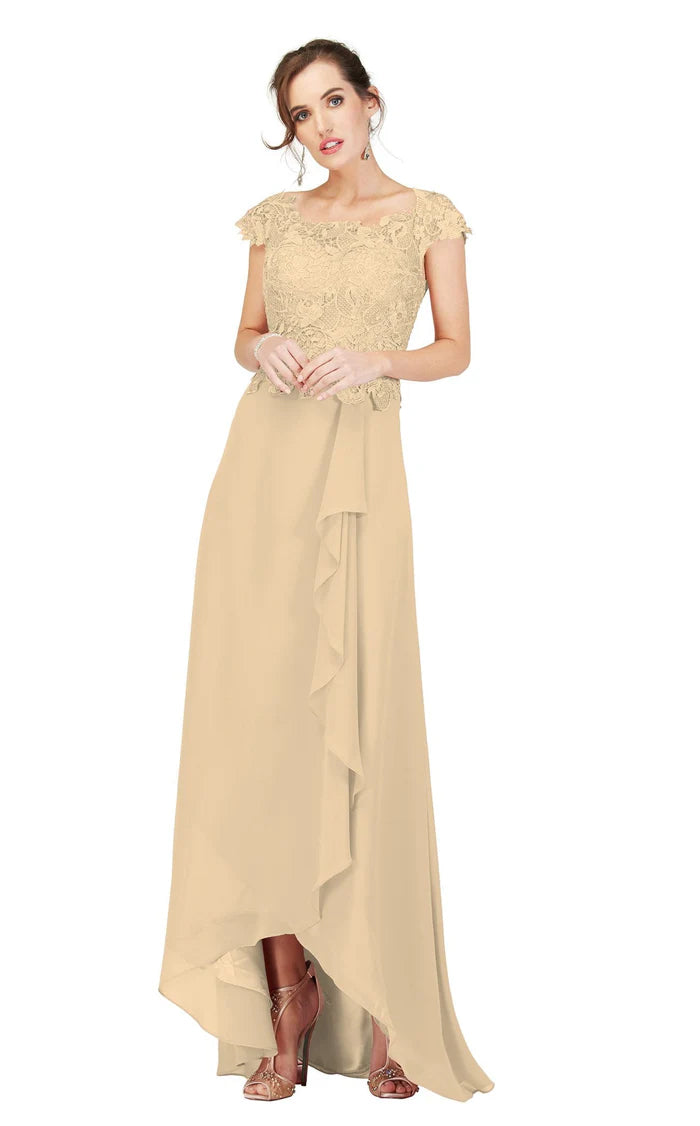 Cecilia Couture 1846 Champagne Lace Cap Sleeve Modest Evening Dress