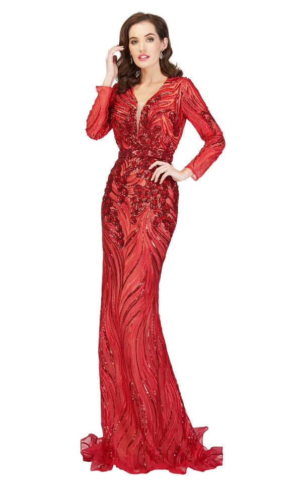 Cecilia Couture 1865 Hot Red Sequined Long Sleeve Evening Gown - Size 22